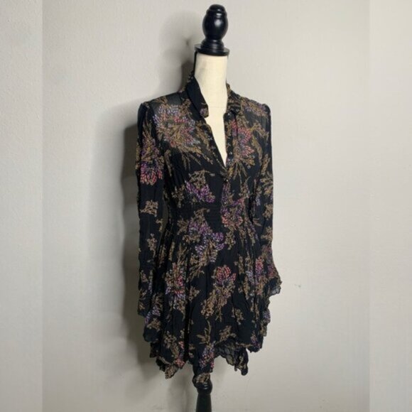 Free People Fake Pretend Black Print Long Sleeve Mini Dress - Picture 6 of 14